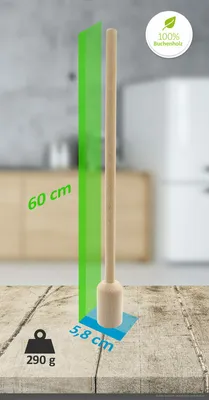 A wooden kraut masher stands on a wooden table in front of a blurred kitchen background. Dimensions and weight are indicated with overlays.