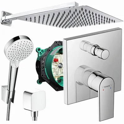 A collage of shower components, including a shower head, a shower valve with internal workings exposed, and a separate shower head holder.