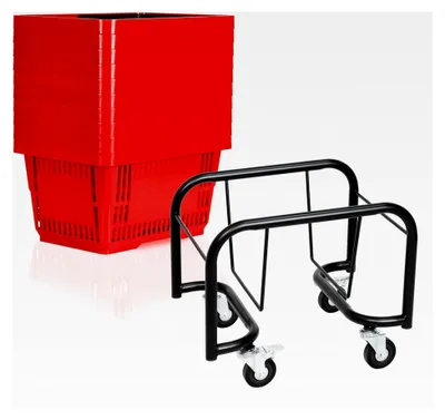 Produktbild von Schwarzer Sammelwagen mit Einkaufskörben 22 L, rollbarer Korbstapelwagen, Körbe mit Griff, Tragekorb bis 30 kg belastbar, lebensmittelechte Kunststoffkörbe (Rot, 10er-Set)