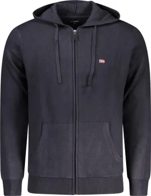 Produktbild von Blaue Herren-Strickjacke mit Kapuze & Stickerei – Norwegen 1963 Stil