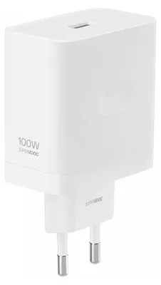A white OnePlus 100W SUPERVOOC fast charger adapter is shown against a white background.