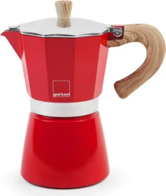A red moka pot coffee maker with a wooden handle and knob.