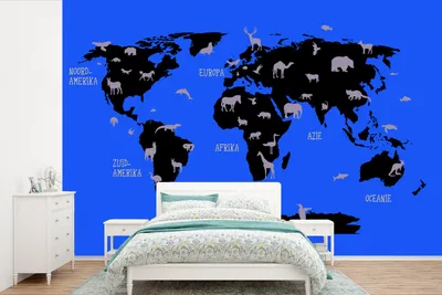 Produktbild von MuchoWow® Fototapete für Wohnzimmer oder Schlafzimmer Wandtapete Vinyl Motivtapete Weltkarte Kinder - Tiere - Gelb - 360x240 cm - Vinyl-Tapete