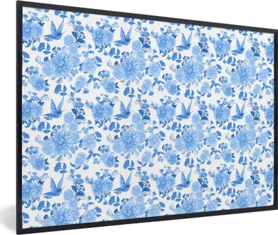 Produktbild von MuchoWow® Gerahmtes Poster Blumen - Muster - Blau 30x20 cm - Poster mit Schwarzem Bilderrahmen Wandposter Rahmen Foto Bilder - Kunstdruck - Bild-Poster