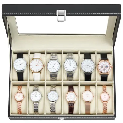 Produktbild von Uhrenbox, Uhrenkoffer – 12 Fächer – Glasdeckel – 30 x 20 x 8 cm – Kunstleder – Schwarz