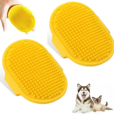Image de Lot de 2 : brosse pour chiens – brosse pour chats en caoutchouc – brosse de massage et de soin du pelage – pour éliminer les poils morts – pour chiens et chats – couleur jaune