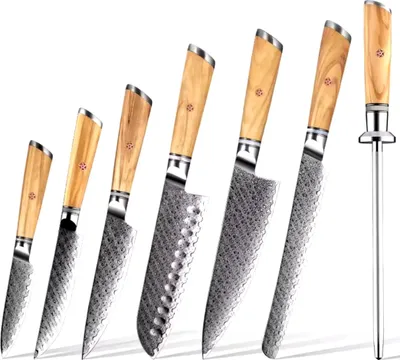 Produktbild von Set Damast Küchenmesser Hisano - 7 Stück mit braunem Griff KP35061