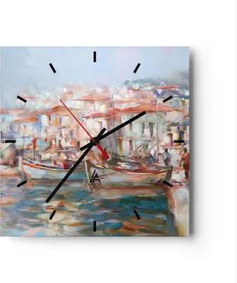 Produktbild von Wanduhr - Quadrat - Glasuhr - Insel Boote Hafen - 40x40cm - Schleichendes Uhrwerk - Lautlos - zum Aufhängen bereit - Dekoration Modern - Wanddekoration aus Glas - C3AC40x40-4852