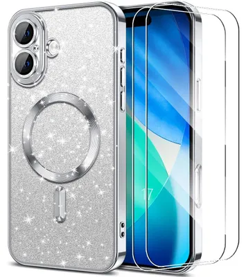 Image de Coque + 2 Verres Trempés pour iPhone 17, Protection Silicone Paillette Cercle Magnétique - Argenté