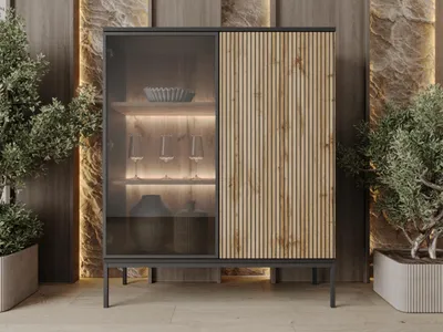 Produktbild von GrainGold Vitrinenschrank Deo - Vitrine mit Tür - Vitrine mit LED-Beleuchtung, Niedrige Schrank, Vitrine mit Glas - Vitrine Holz - Vitrine Graphit, Eiche Wotan