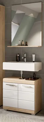 Produktbild von Badmöbel Set "Mambo" weiß Hochglanz und Sonoma Eiche Badezimmer 2-teilig 60 cm