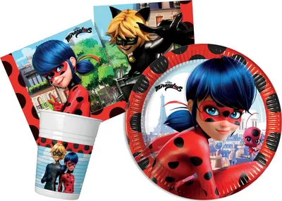 Produktbild von Partygeschirr Party-Set Miraculous Ladybug für 24 Personen (88 pcs: 24 Pappteller Ø23cm, 24 Becher 200ml, 40 Servietten 33x33cm)