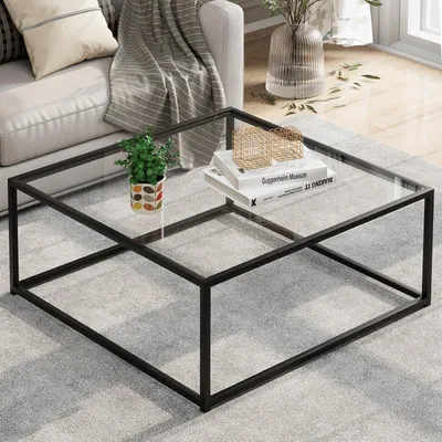 Obrázok produktu pre Konferenčný stolík štvorcový sklenený čierny Bočný stolík sklenený stolík 67x67x40 cm