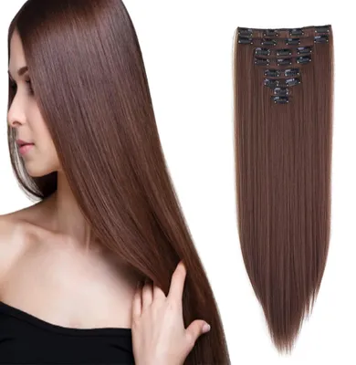 Immagine prodotto di Clip-in, extension per capelli in vera fibra, set da 8 pezzi, lisci, lunghezza 60 cm, castano scuro