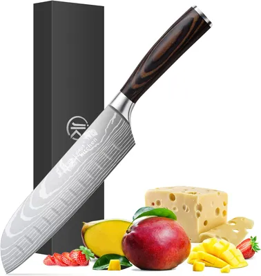 Obrázek produktu pro Nůž Santoku z damascénské oceli s ergonomickou rukojetí z pakkawoodu Nůž v japonském stylu ostrý jako břitva Nůž z damascénské oceli Ostrý kuchyňský nůž, ideální na krájení na kostky, sekání nebo řezání