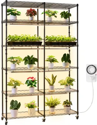 Image de Étagère à plantes VEVOR avec lampe de culture, support à deux rangées à 6 niveaux pour plantes d'intérieur avec roulettes et minuterie, lampes à spectre complet de 200 W, étagère à fleurs pour la culture de graines, 120 x 35 x 180 cm