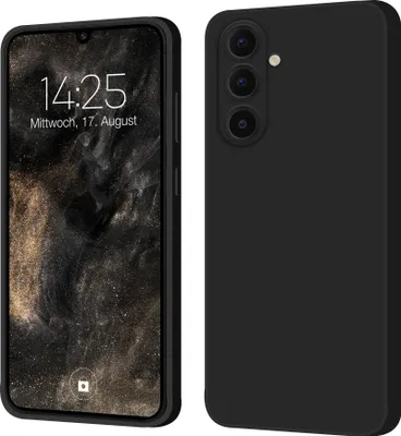 A black smartphone case is shown from the front and back, with the phone screen displaying the time and date.