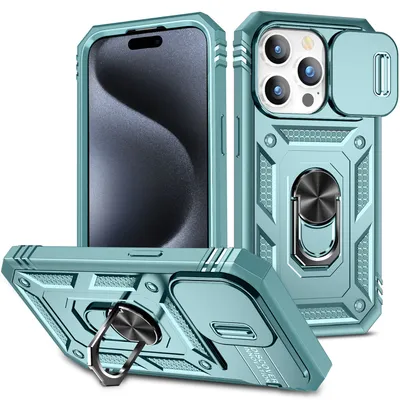 Immagine prodotto di Custodia per iPhone 15 Pro protezione fotocamera scorrevole, resistente agli urti, con supporto ad anello, supporto e portacarte verde