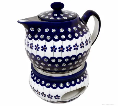 Produktbild von Original Bunzlauer Keramik 1 Liter Teekanne mit spitzen Ausguss Ø19,3 cm mit Stövchen Design 166a