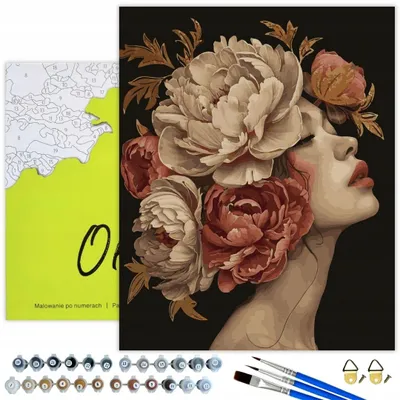 Produktbild von Oh Art! Malen nach Zahlen Auf Schwarz Leinwand mit Holzrahmen und Goldener Spezialfarbe – Frau mit Pfingstrosen - Acrylfarben, 3 Pinseln & Zubehör