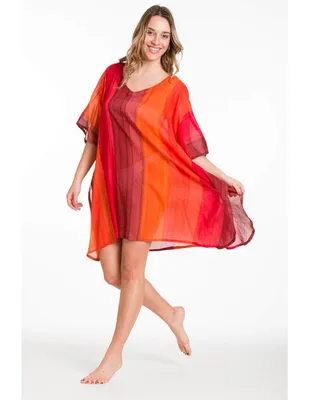 Produktbild von Strandkleid Damen Sommerkleid Kaftan Gestreift Rot Orange – Luftiges Oversize Kleid aus Baumwolle bis 3XL