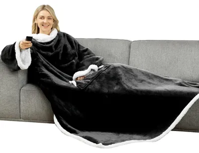 Obrázek produktu pro Hřejivá deka s rukávy, sherpa fleece, s kapsou, 140x180 cm, černá