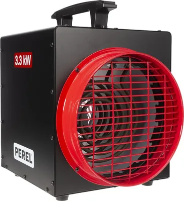 A black electric heater with a red grille and handle, shown from a three-quarter angle against a white background.