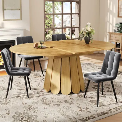 Immagine prodotto di Tavolo allungabile, effetto legno, forma rotonda, allungabile fino a 158 cm, altezza 76 cm, adatto fino a 6 persone, ideale per cucina o soggiorno