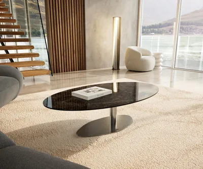 Produktbild von DELIFE Couchtisch Edge Oval 140x80 cm Keramik Emperador Extra Lucidato Dunkelbraun Vibany Edelstahl gebürstet