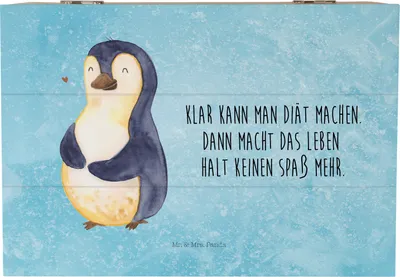 Produktbild von Mr. & Mrs. Panda Geschenkbox Pinguin Diät 22 x 15 cm - Eisblau - Geschenk, Abnehmen, Kiste mit Deckel, Motivation, schatztruhe, truhe holz, Box aus