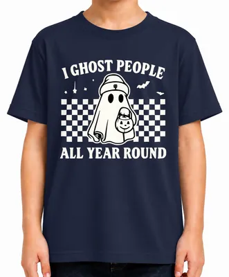 Immagine prodotto di Maglietta per bambini, taglia 152, blu scuro, con motivo di fantasmi di Halloween, adatta per essere indossata tutto l'anno
