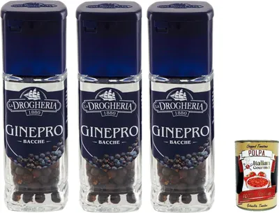 Produktbild von La Drogheria, Bacche Di Ginepro, Wacholderbeeren, säuerlicher und kräftiger Geschmack, für Fleisch- und Wildgerichte 3x 35g + Italian Gourmet polpa 400g