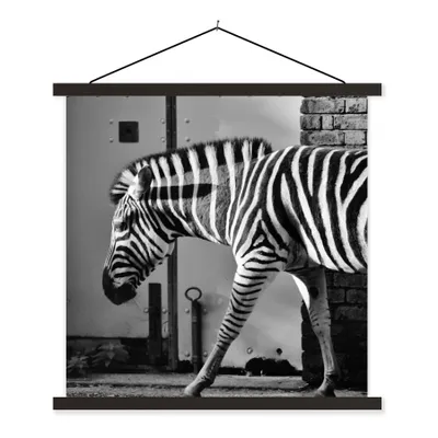 Produktbild von MuchoWow® Textilposter Zebra - Wand - Tür - Tiere - Schwarz und weiß 120x120 cm mit schwarzem Rahmen - Aufhängungsset