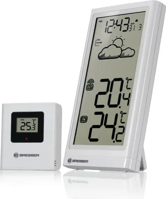 Produktbild von Bresser Wetterstation Funk mit Außensensor Meteo Temp, Thermometer mit Temperaturanzeige für Innen- und Außen, Wettervorhersage, mit ausklappbarem Standfuß und Wandhalterung, weiß