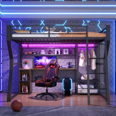 Produktbild von Flieks Etagenbett Metallbett 140x200cm mit Schreibtisch und Ladestation, Kinderbett Jugendbett mit Led und Kleiderstange, Hochbett mit Leiter, Schwarz