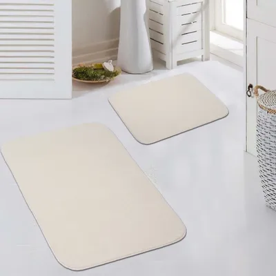 Produktbild von Badteppich WC Teppich Badematten Set 2 teilig waschbar rutschfest in creme Größe - 50x60cm + 60x100 cm