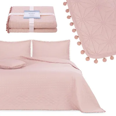 Produktbild von Tagesdecke Wohndecke Pompons und Steppung Wendefunktion Rosa - 260 x 280 cm