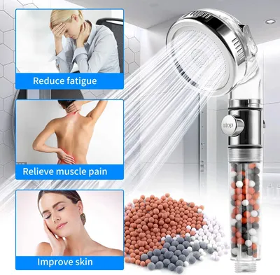 Produktbild von Wassersparender Duschkopf,Handbrause Filter Mineralsteinen , Druckerhöhende Duschbrause mit 3-Lagen-Filtration und zusätzlichen Steinen, Weiß,Gebürstet