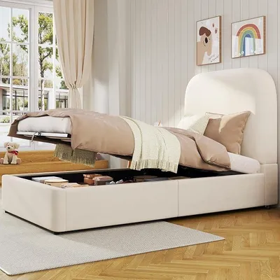 Productafbeelding van Kindbed met gestoffeerde zijkanten, 90x200 cm, eenpersoonsbed met hydraulische opbergruimte, gestoffeerd hoofdeinde, lattenbodem, veel opbergruimte, fluweel, roze (zonder matras)