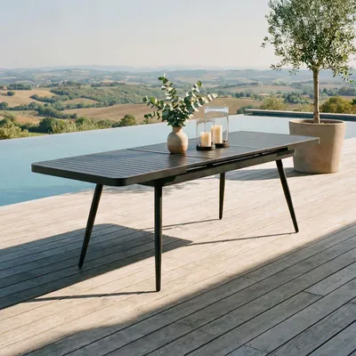 Produktbild von Gartentisch SUNNY ausziehbar 180–240 cm, Schwarz – großer Tisch mit integrierter Verlängerungsplatte aus pulverbeschichtetem Aluminium UV-beständig pflegeleicht für Terrasse Balkon Garten