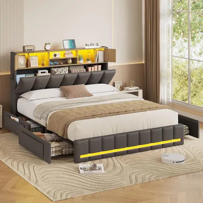 Produktbild von KIMENICH Polsterbett Bettgestell mit LED-Beleuchtung, 4 Schubladen, Ladestation, 140×200cm, grau