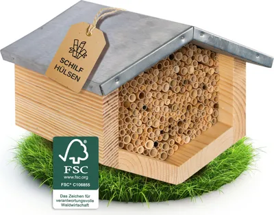 Produktbild von Beesi Bienenhotel mit wetterfestem Metalldach I Bienenhaus mit Schilfröhrchen I Verschiedene Durchmesser I hochwertiges Insektenhotel I ohne Splitter I artgerecht für Wildbienen