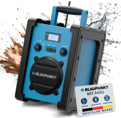 A blue Blaupunkt construction radio is shown with water splashing around it, suggesting it is water-resistant. A small card with product features is placed in the foreground.