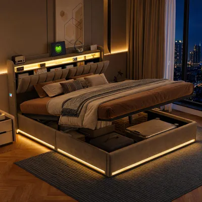 Produktbild von UnboxG Polsterbett 140x200cm mit USB, Jugendbett Doppelbett mit Lattenrost und Stauraum, Stauraumbett mit LED,Funktionsbett Jugendbett, Boxspringbett, Samt, Grau