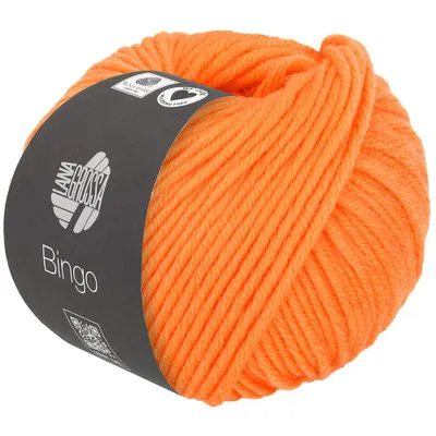 A ball of orange yarn with a dark grey label wrapped around it.