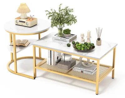Image de Ensemble de deux tables : table basse et table d'appoint - Table pour salon - Table d'appoint - Table basse - Table ronde - Structure en métal doré
