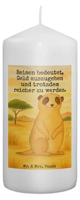 Produktbild von Mr. & Mrs. Panda Kerze Erdmännchen Design 15 x 7 cm - Weiß - Geschenk, Bedruckte, Erinnerungslicht, Spruch, Wachskerze, Traveling, Afrika, Reisen, Blockkerze, Wildtiere