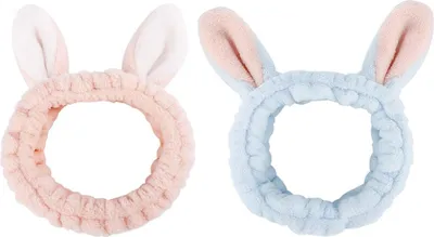 Produktbild von Plüsch Stirnband Haarband, 2 Stück Niedliche Plüsch Kaninchenohr Waschgesicht Stirnband, Make-up Kosmetik Dusche Elastische Hasen Ohr Haarschmuck für Frauen & Mädchen – Rose + Blau