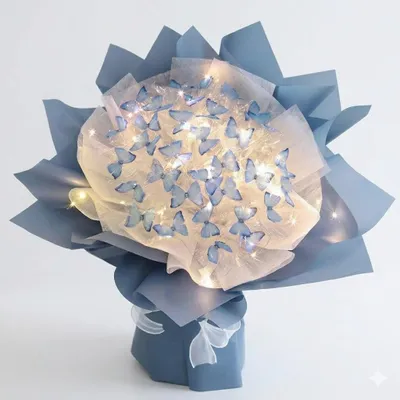 Produktbild von DIY Handgemachtes Schmetterlingsstrauß Set mit dekorativer Lichterkette und Grußkarte, Kunststrauß - BUTTIBOU Blau