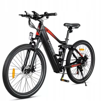 A studio shot of a black and red electric bicycle against a white background.